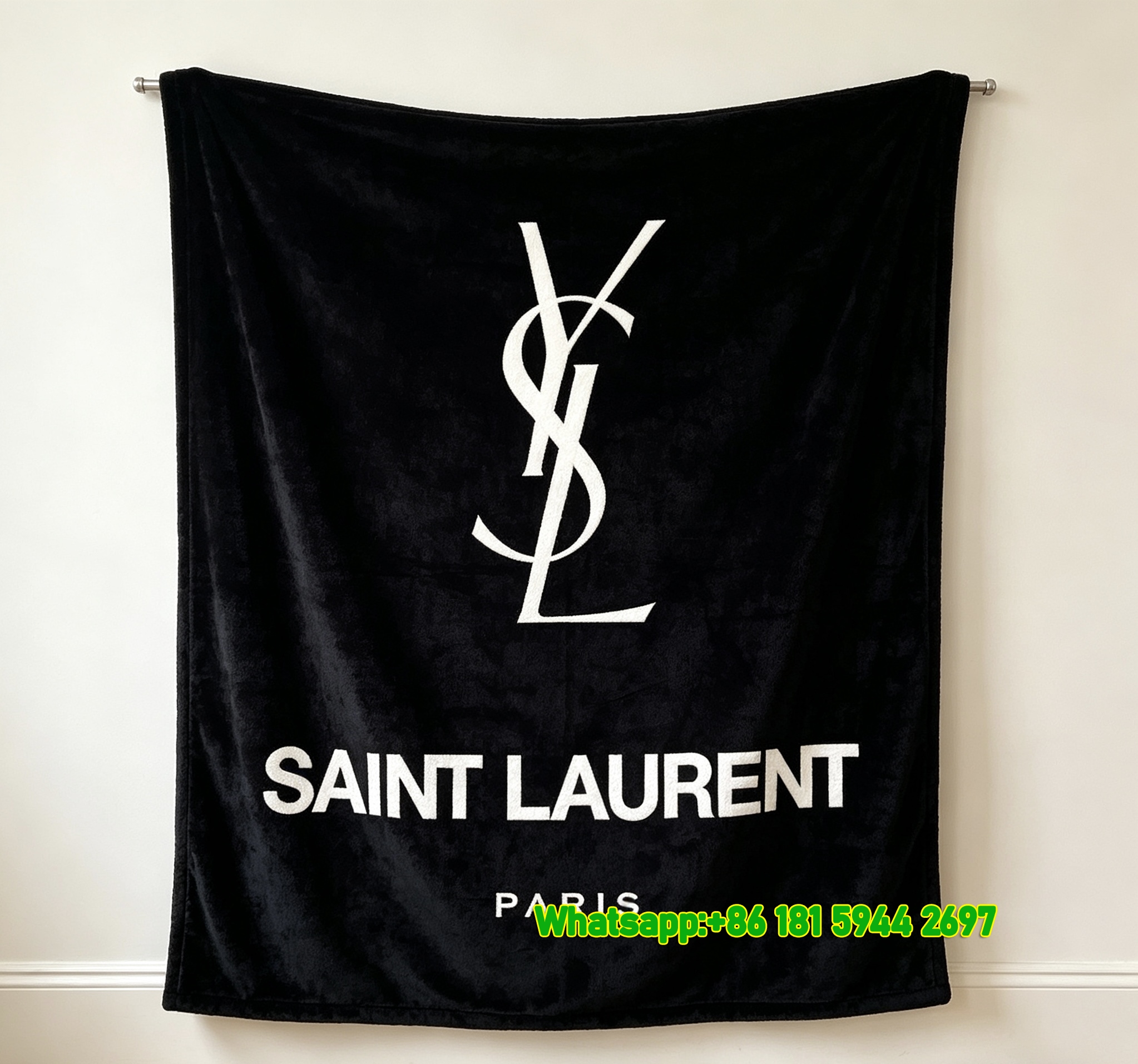 Yves Saint Laurent YSL White Logo on Black Background Printed Fleece Throw Blanket IMG_3192